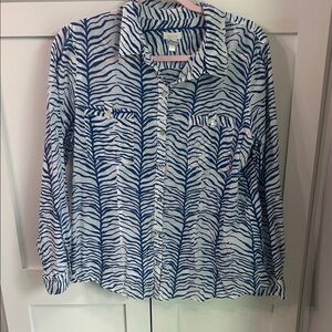 Chico's Navy and White Zebra-Stripe Button Front Shirt